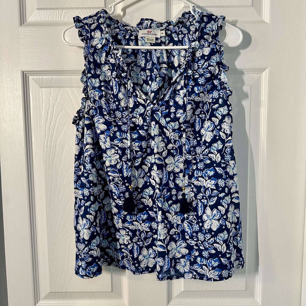 Vineyard Vines Blue Floral Ruffle Blouse